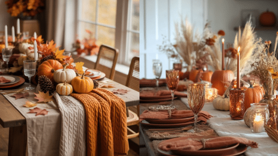 Elegant fall table settings with pumpkins, candles, and autumn leaves, creating a cozy seasonal dining atmosphere.