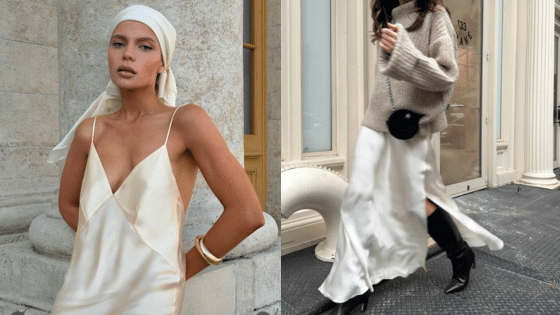Two fashionable women in stylish satin dresses; one poses confidently, the other walks in boots and sweater. Elegant chic.