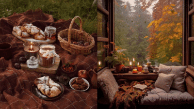 Cozy fall picnic and reading nook with baked goods, candles, and autumn foliage by the window.