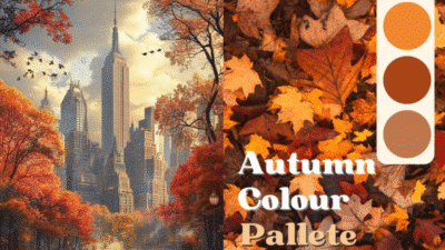 Autumn cityscape with vibrant foliage and a color palette showcasing orange, rust, and brown tones.