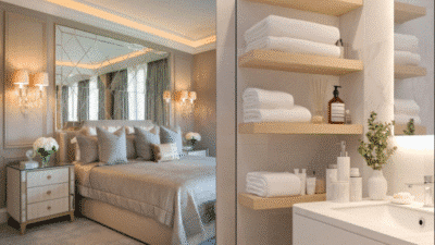 Luxurious bedroom and bathroom with elegant decor, featuring plush bedding, mirrored walls, and neatly organized toiletries.
