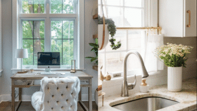 Home office with desk, computer, and window; adjacent kitchen sink with flowers and natural light.