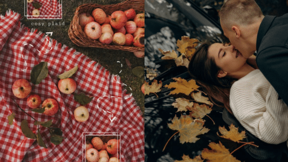 Red plaid picnic with apples beside a couple embracing on a leafy surface, evoking warmth and romance in autumn.