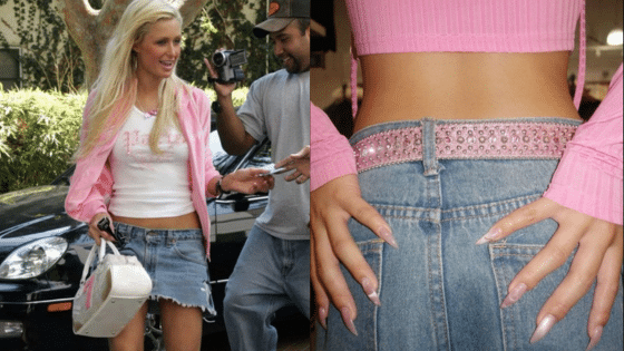 Woman in a pink jacket and denim skirt poses with a rear view focus on a sparkling pink belt.