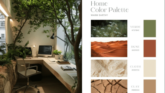 Eco-friendly workspace with earthy tones color palette featuring verde, dune, cloth, and clay.