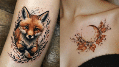 Fox and moon tattoos with foliage motifs, showcasing nature-inspired ink art on skin.