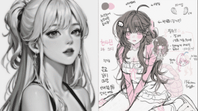 Digital art of two female anime characters, one in grayscale and one in color, with handwritten notes.