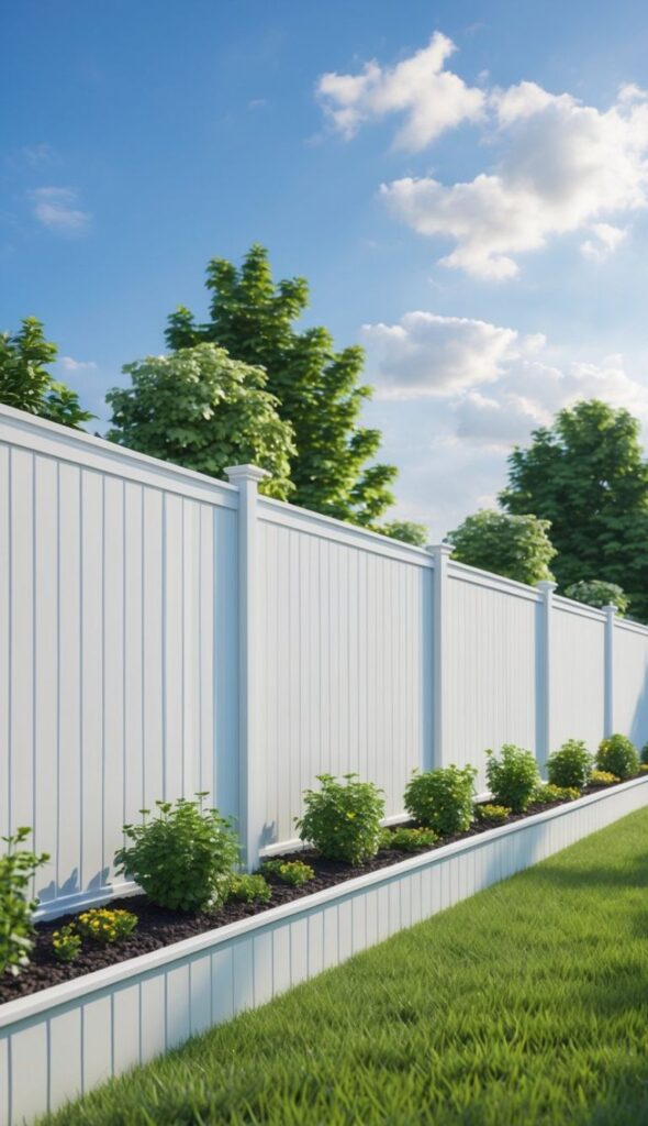 Vinyl Fence 1 White vinyl privacy fence along landscaped backyard planter with green shrubs, manicured lawn and trees under a bright blue sky | Sky Rye Design White vinyl privacy fence along landscaped backyard planter with green shrubs, manicured lawn and trees under a bright blue sky