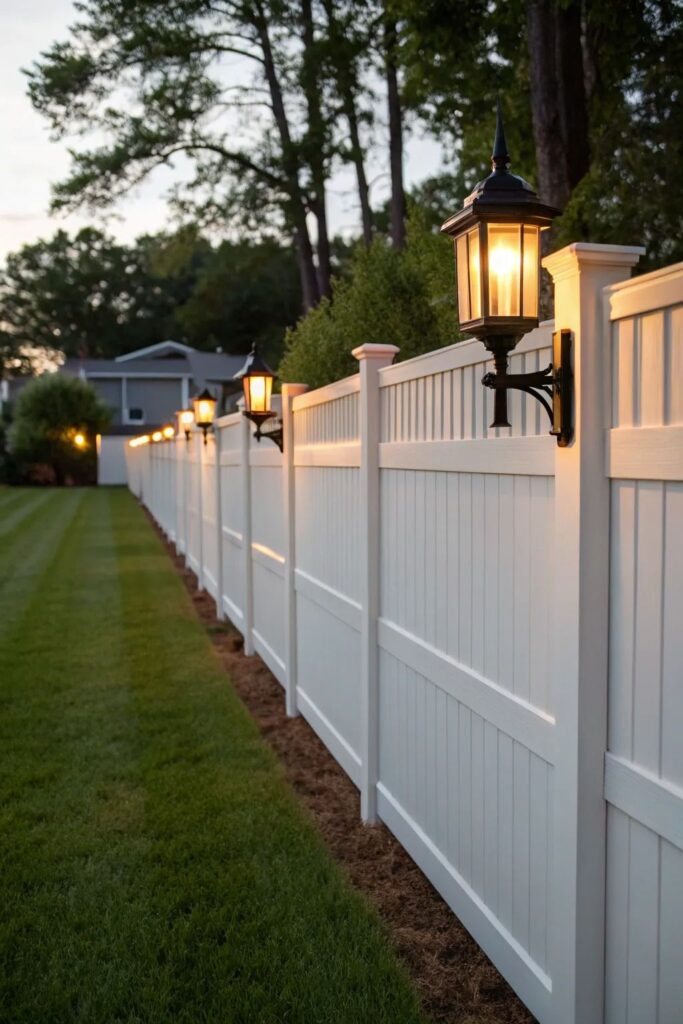 Vinyl Fence 2 White vinyl privacy fence with vintage wall lanterns lining a manicured backyard at dusk | Sky Rye Design White vinyl privacy fence with vintage wall lanterns lining a manicured backyard at dusk
