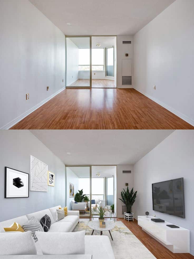 Empty room transformed into a stylish living space with modern furniture and decor.