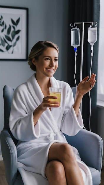 Woman enjoying IV therapy in a spa, wearing a robe, holding a drink, seated comfortably.