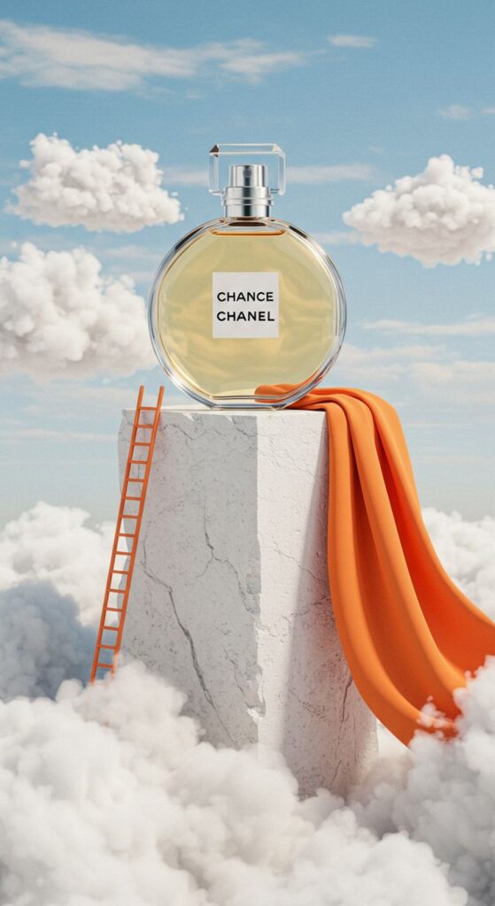 Chanel Chance perfume on marble with clouds, orange slide, and ladder, creative surreal scene.