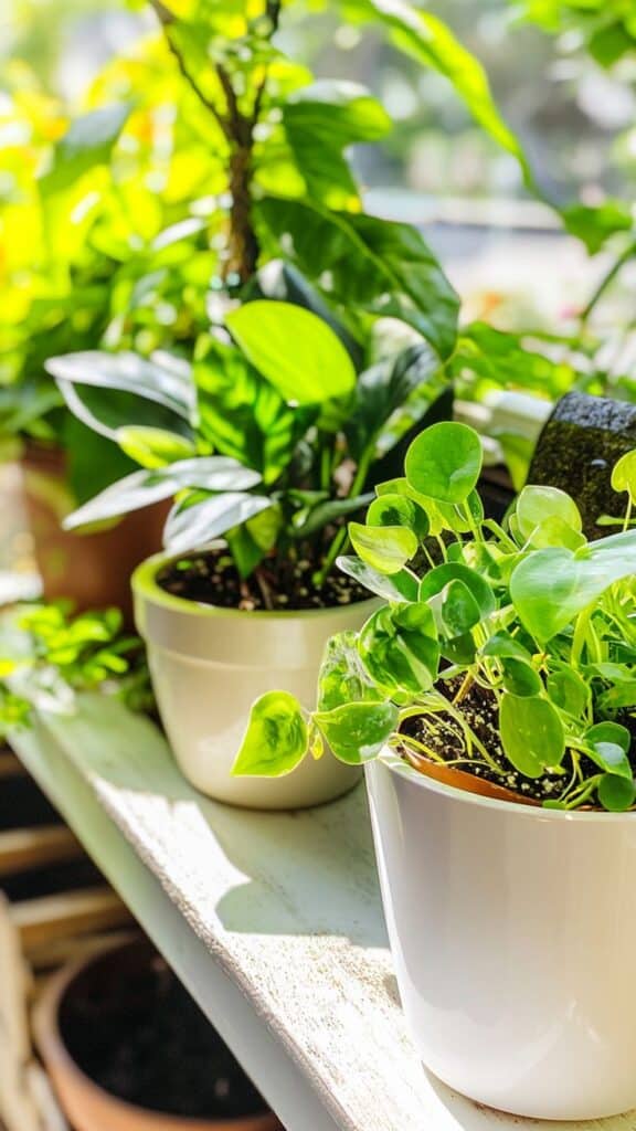 Potted greenery in sunlight on a white shelf, featuring lush leaves and vibrant plant life.