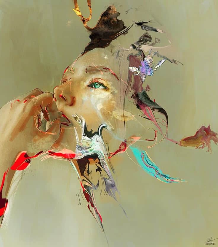 Abstract painting of a woman's face with vibrant colors and surreal elements, evoking emotion and creativity.