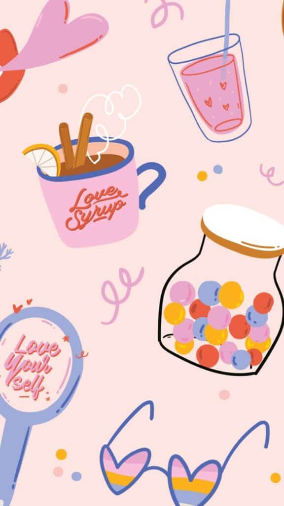 Cute illustration with Love Syrup mug, heart sunglasses, colorful candy jar, and Love Yourself mirror on pink background.
