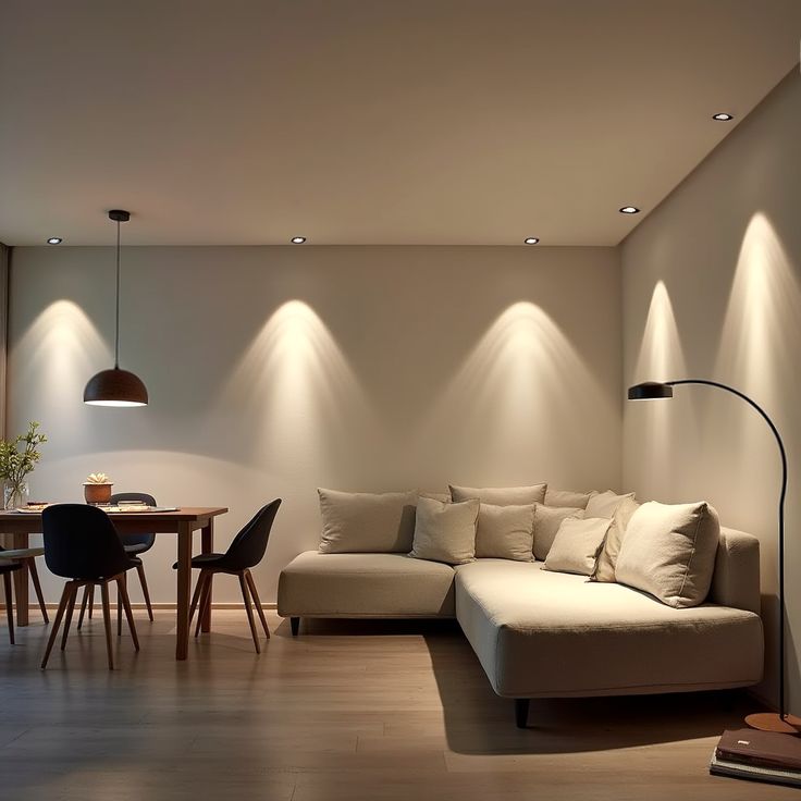 Modern living room with beige sofa, wooden dining table, black chairs, and stylish lighting design.