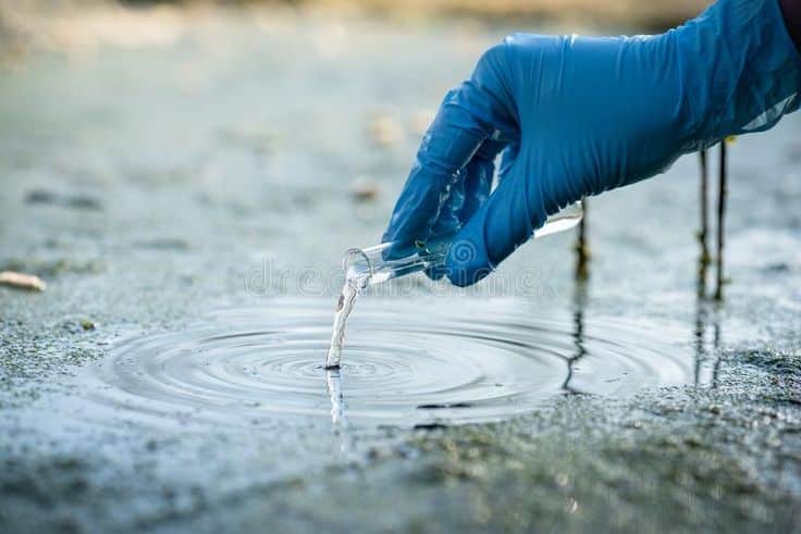 Gloved hand holding a test tube, collecting water sample from a pond for environmental analysis.