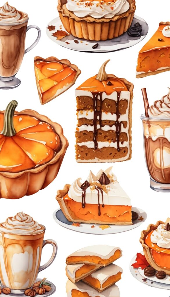 Assorted pumpkin desserts and drinks, including pies, cakes, and lattes, perfect for fall celebrations.