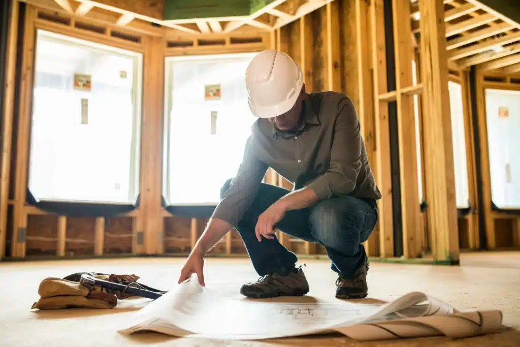 Builder reviews blueprints in a partially constructed room, wearing a hard hat and safety gear.