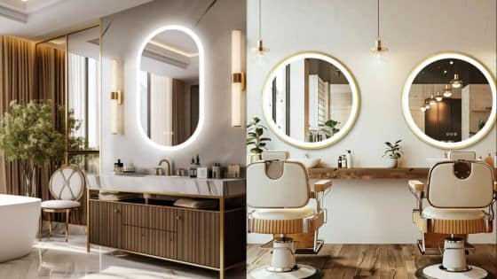 What Are the Benefits of Using Wall Mirrors Luxurious modern bathroom and barbershop interiors with elegant mirrors and stylish decor. | Sky Rye Design Luxurious modern bathroom and barbershop interiors with elegant mirrors and stylish decor.
