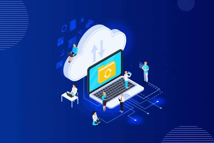 Illustration of cloud computing with people using devices, connected to a laptop and cloud storage icon on a blue background.