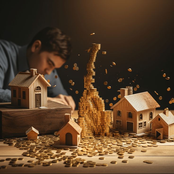 Model houses with scattered coins symbolize real estate investment opportunities.