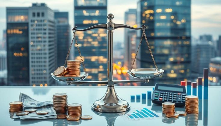 Balancing scale with coins, financial charts, and calculator on office desk, symbolizing financial management and growth.