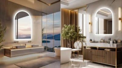 Luxurious double bathroom with scenic view, elegant lighting, modern decor, and stylish vanities.
