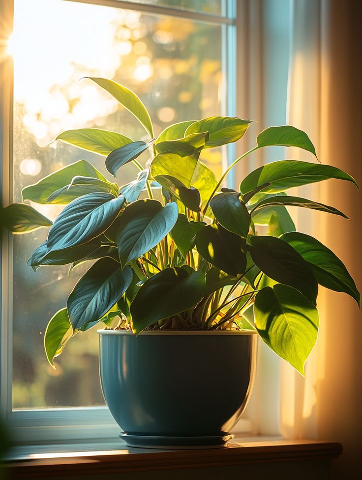 Potted plant on windowsill bathed in warm sunlight, vibrant green leaves creating a serene indoor atmosphere.