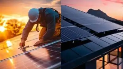 Solar panel installation at sunset; renewable energy on rooftops with scenic mountain view.