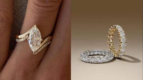 Whats Under Rare Carats Warranty Close-up of marquise diamond engagement ring and eternity bands in gold and silver settings. | Sky Rye Design Close-up of marquise diamond engagement ring and eternity bands in gold and silver settings.
