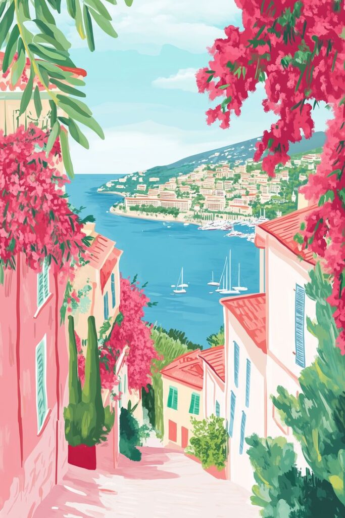 Colorful coastal village with pink flowers and blue sea, sailboats in the bay, vibrant Mediterranean scenery.