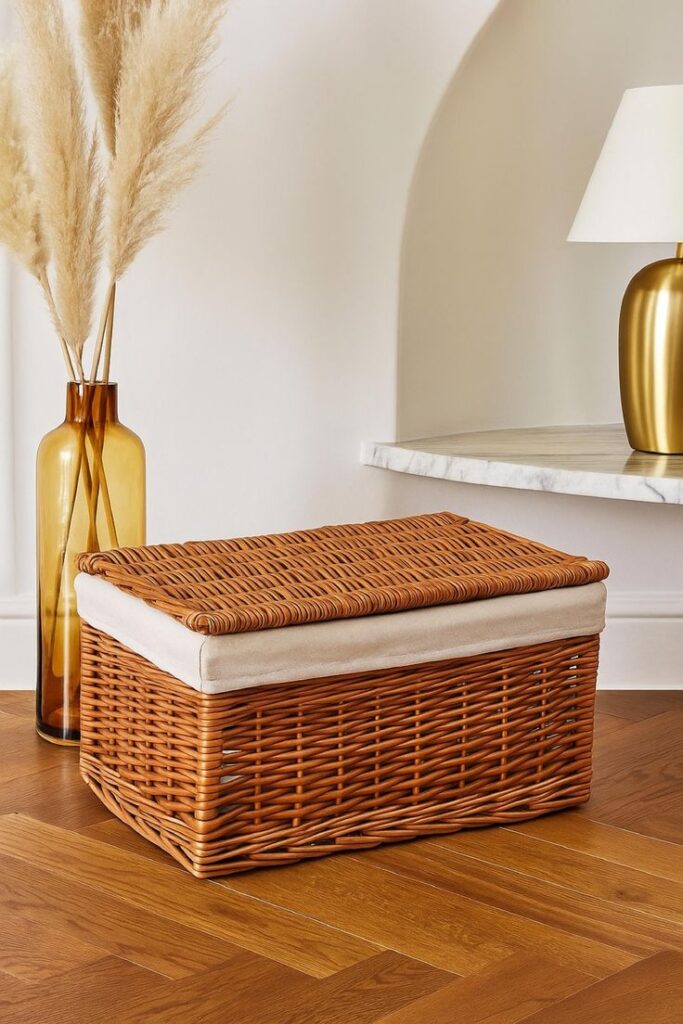 Wicker storage basket with cushioned lid, pampas grass in vase, and gold lamp on hardwood floor.