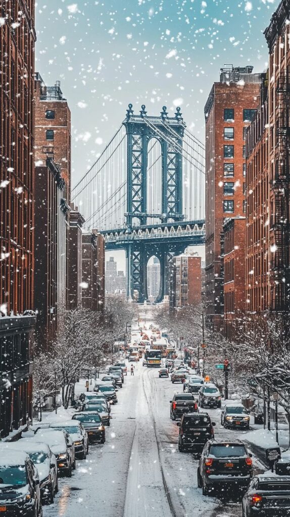 Snowy street in New York City with Manhattan Bridge framed between buildings under a clear winter sky.