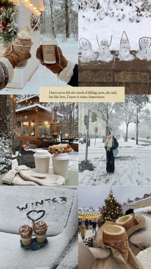 Cozy winter collage: hot drinks, snow scenes, mini snowmen, holiday snacks, and festive decorations amidst snowy landscapes.