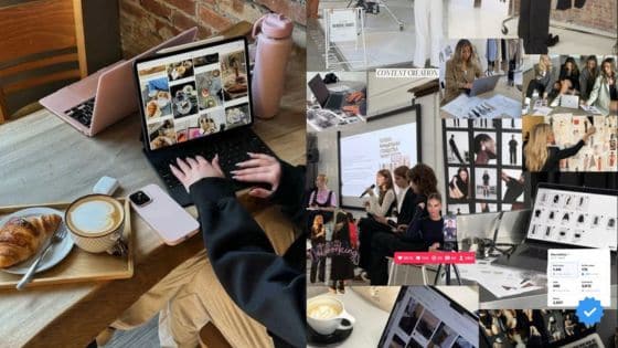 Writing for social media Person using a laptop at a café, viewing a fashion collage, teamwork, and content creation concepts displayed. | Sky Rye Design Person using a laptop at a café, viewing a fashion collage, teamwork, and content creation concepts displayed.