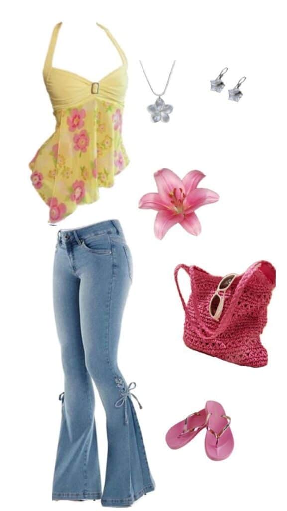Y2K Fashion_ Nostalgic Trends Making a Modern Comeback Yellow floral top with jeans, pink sandals, pink tote, and floral jewelry for a stylish summer look. | Sky Rye Design Yellow floral top with jeans, pink sandals, pink tote, and floral jewelry for a stylish summer look.