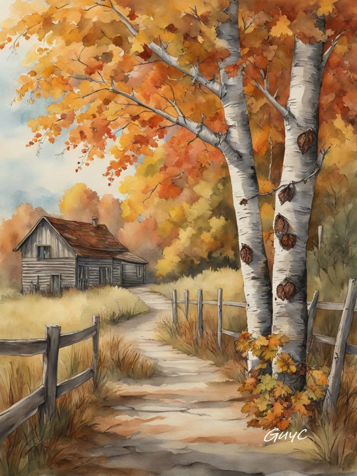 Autumn scene with vibrant orange and yellow trees, rustic cabin, and winding path. Cozy natural landscape.