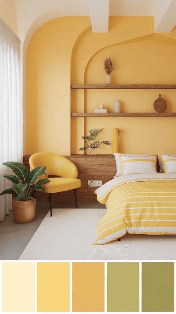 Modern yellow bedroom with striped bedding, wood accents, and tropical plant decor; warm and inviting ambiance.