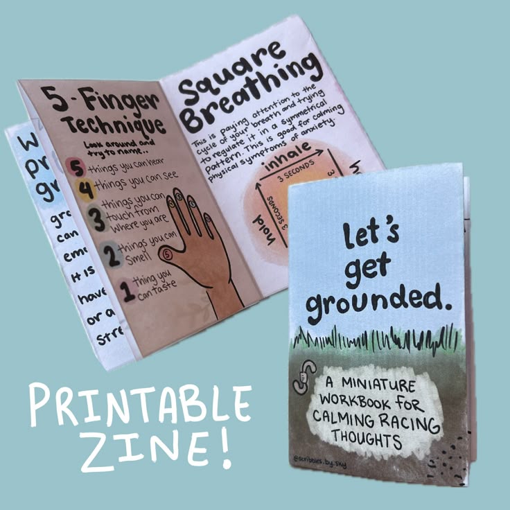 Printable zine titled Let's Get Grounded with techniques for calming racing thoughts.