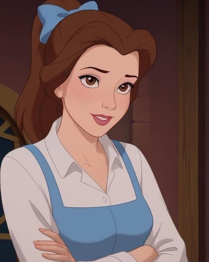 Animated woman with brown hair and blue bow, wearing a white blouse and blue dress, smiling with arms crossed.