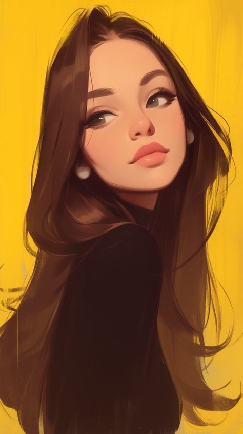 Illustrated woman with long dark hair against a vibrant yellow background, wearing a black top, gazes to the side.