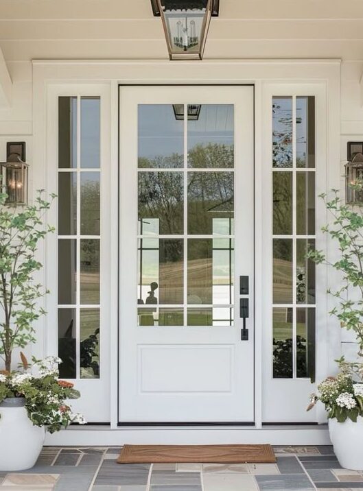 White front door with glass panels, flanked by potted plants on a stone porch under a wooden ceiling lantern.