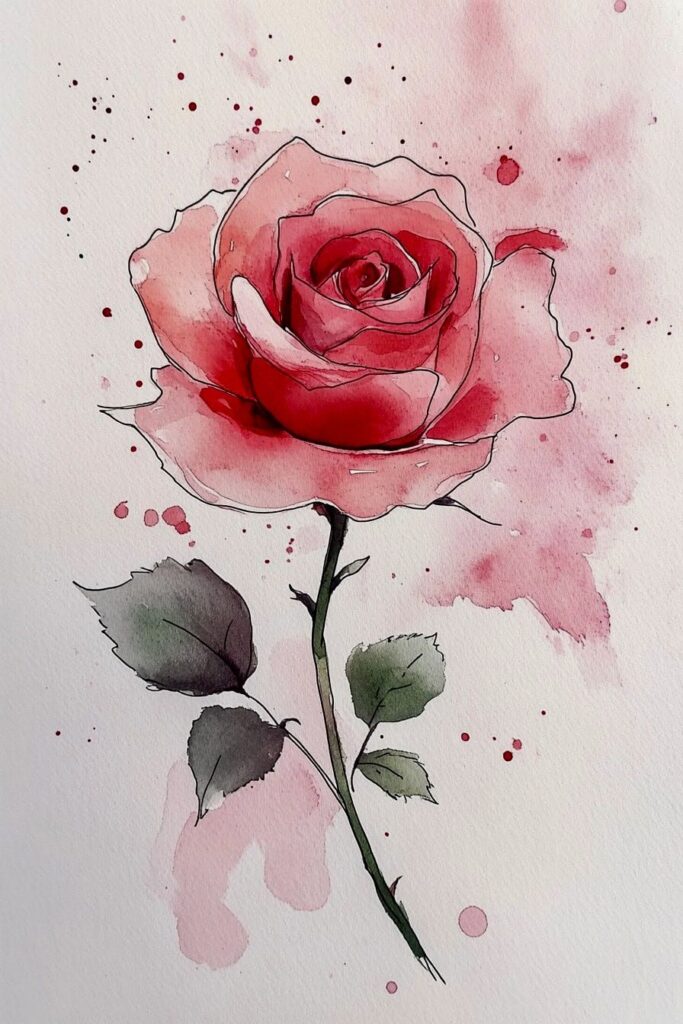 Watercolor painting of a pink rose with green leaves, surrounded by abstract splashes on a light background.