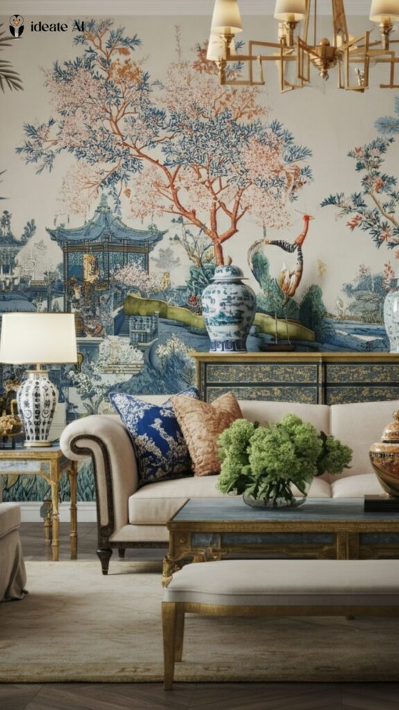 Elegant living room with floral wallpaper, ornate blue vases, and a cozy beige sofa accented by green plants.