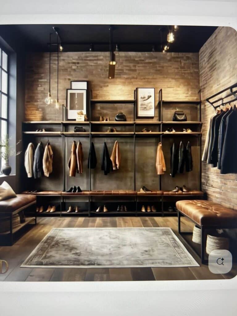 Stylish industrial wardrobe with shelves, clothes, and shoes on display, featuring brick walls and modern lighting.