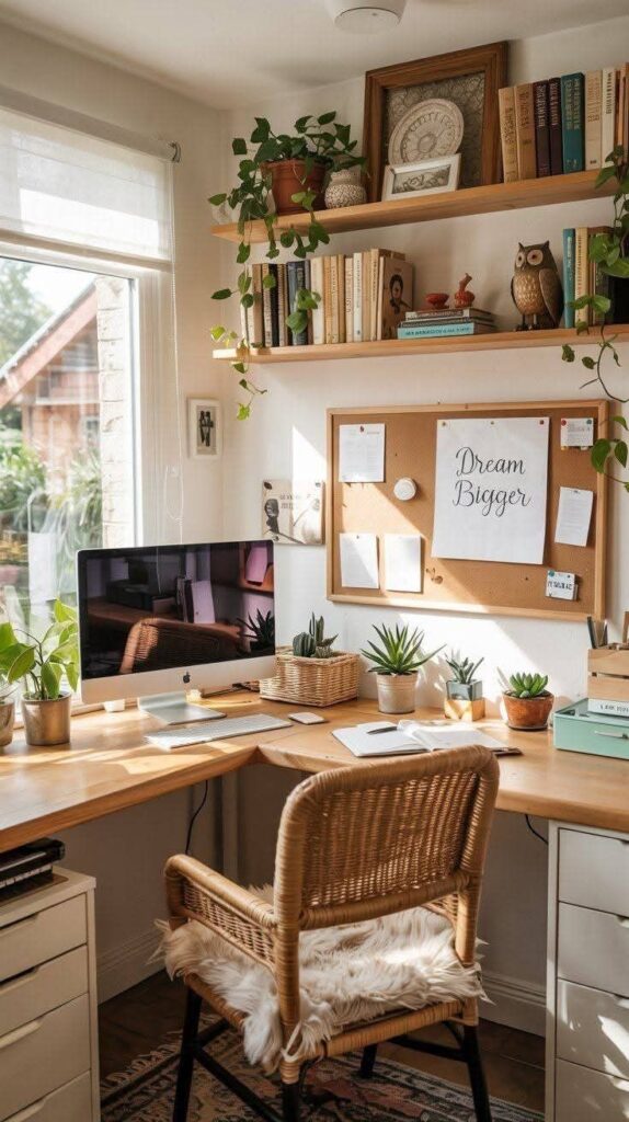 Cozy home office with wooden desk, plants, computer, books, corkboard Dream Bigger and a window view.