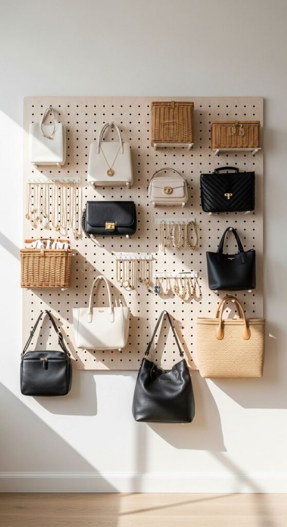 Handbags and accessories neatly organized on a wall-mounted pegboard display in a stylish showroom.
