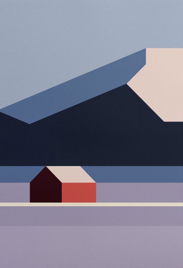 Minimalist geometric landscape with red house, abstract mountain, and blue sky, creating a serene modern art scene.