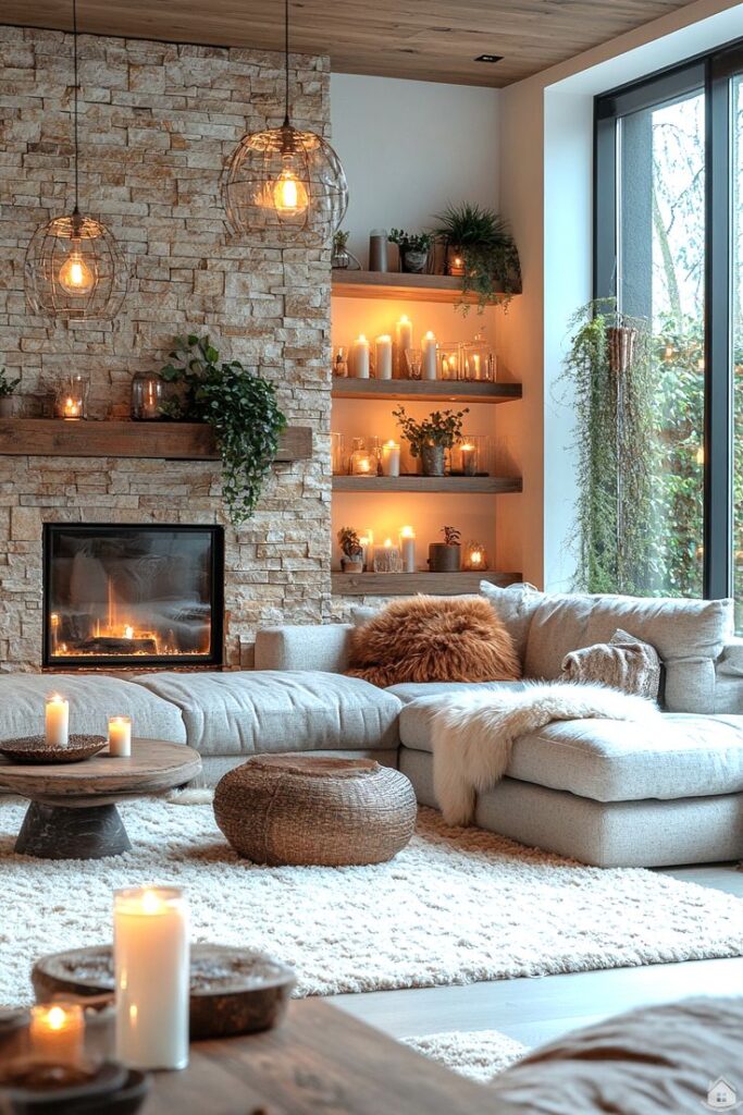 Cozy modern living room with fireplace, candles, and plush sofa. Warm and inviting home interior design.